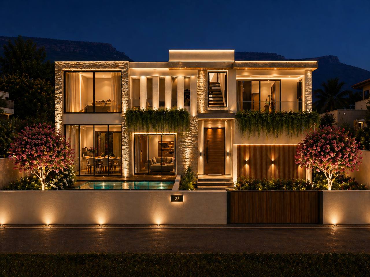 Luxury villa for sale in Lonavala night facade
