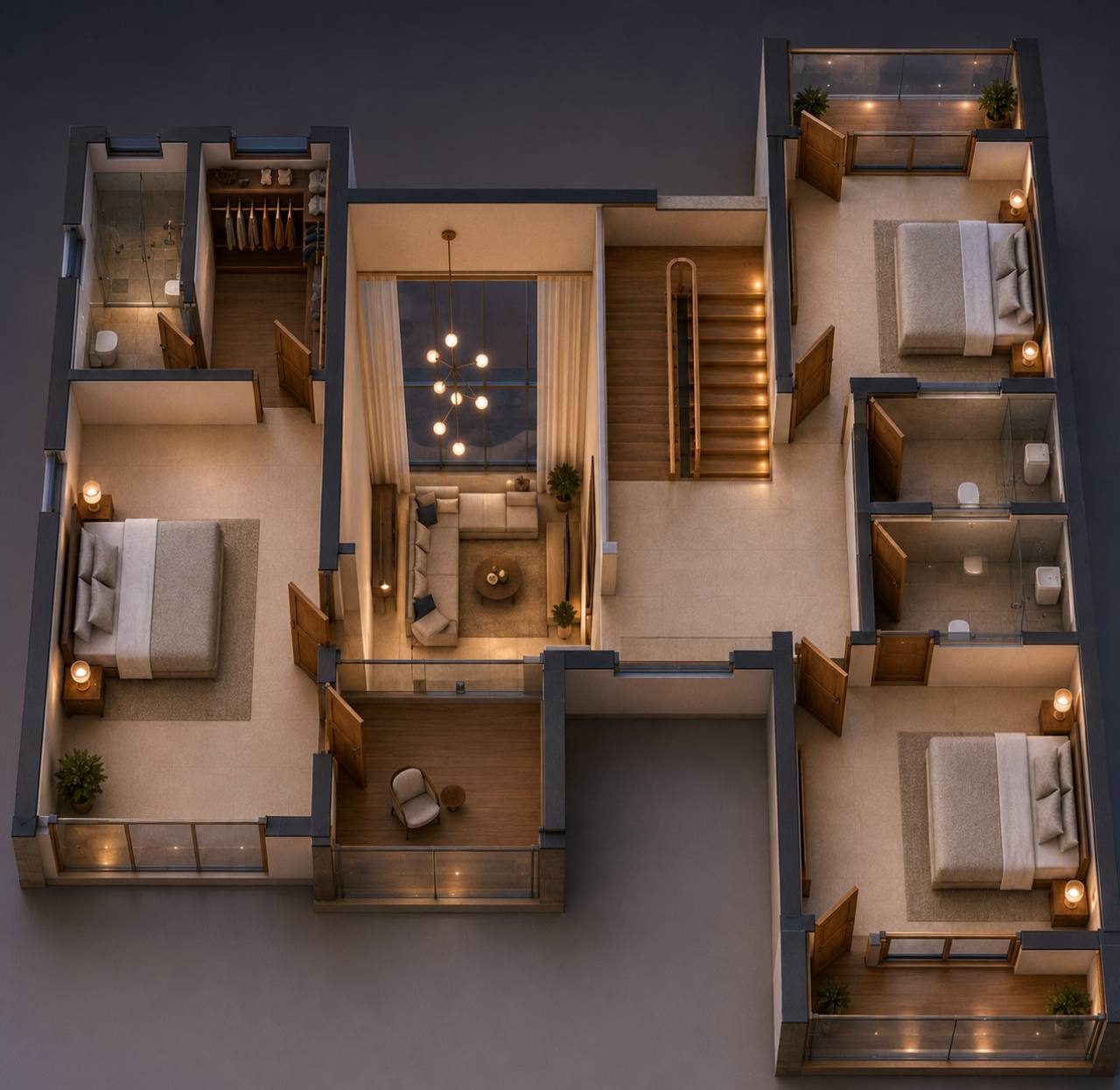 Villa Aiko upper floor plan with bedrooms and terrace areas in Lonavala
